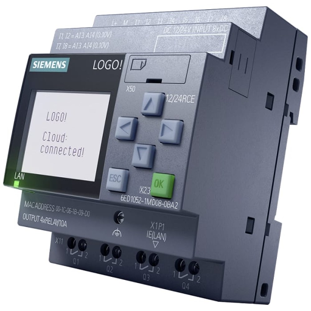 6ED1052-1MD08-0BA2, LOGO! 12/24RCE, logic module, display power supply / I/O: 12/ 24 V DC/relay, 8 DI (4 AI)/4 DO, Siemens