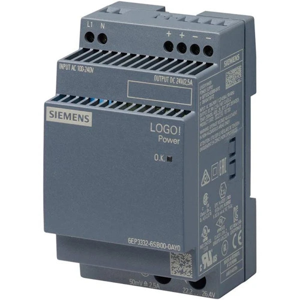 6EP3332-6SB00-0AY0, LOGO Power Supply,100-240VAC, 24 VDC / 2.5 A, Siemens

**Replacement part# for 6EP1332-1SH41-0AA1**