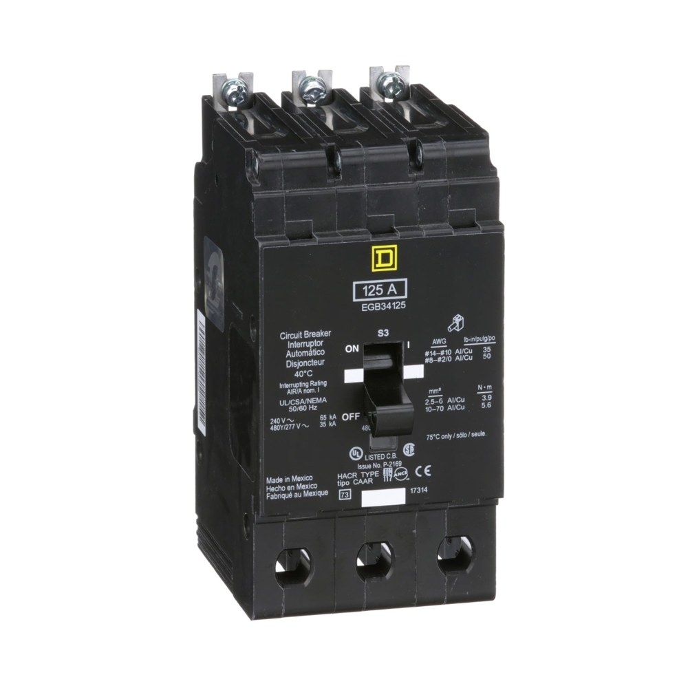 EGB34125, Square D, 125A, 3 pole, 65kA, 480Y/277VAC, Circuit Breaker Schneider