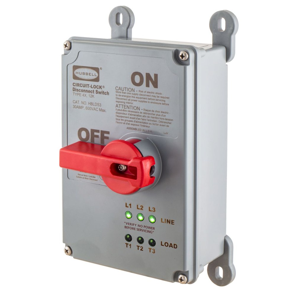 HBLDS3P, Disconnect Switch, 30A 600VAC, 3P, Unfused, LED Illumination, Hubbell