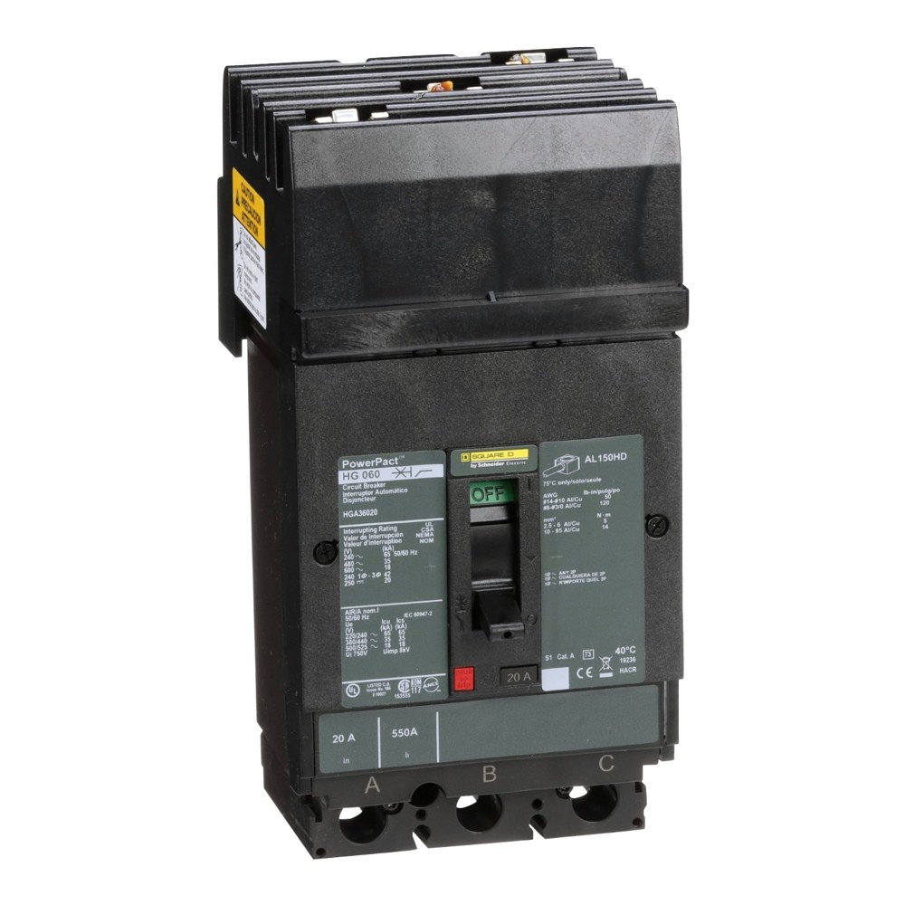 HGA36020, Square D, 20A, 3 pole, 18kA, 600VAC, Circuit Breaker Schneider