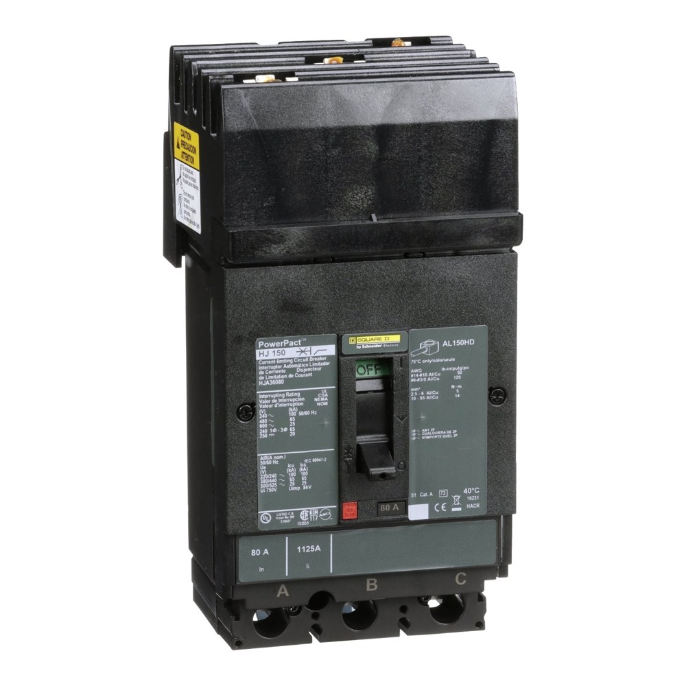 HJA36080, Square D, 80A, 3 pole, 25kA, 600VAC, Circuit Breaker Schneider