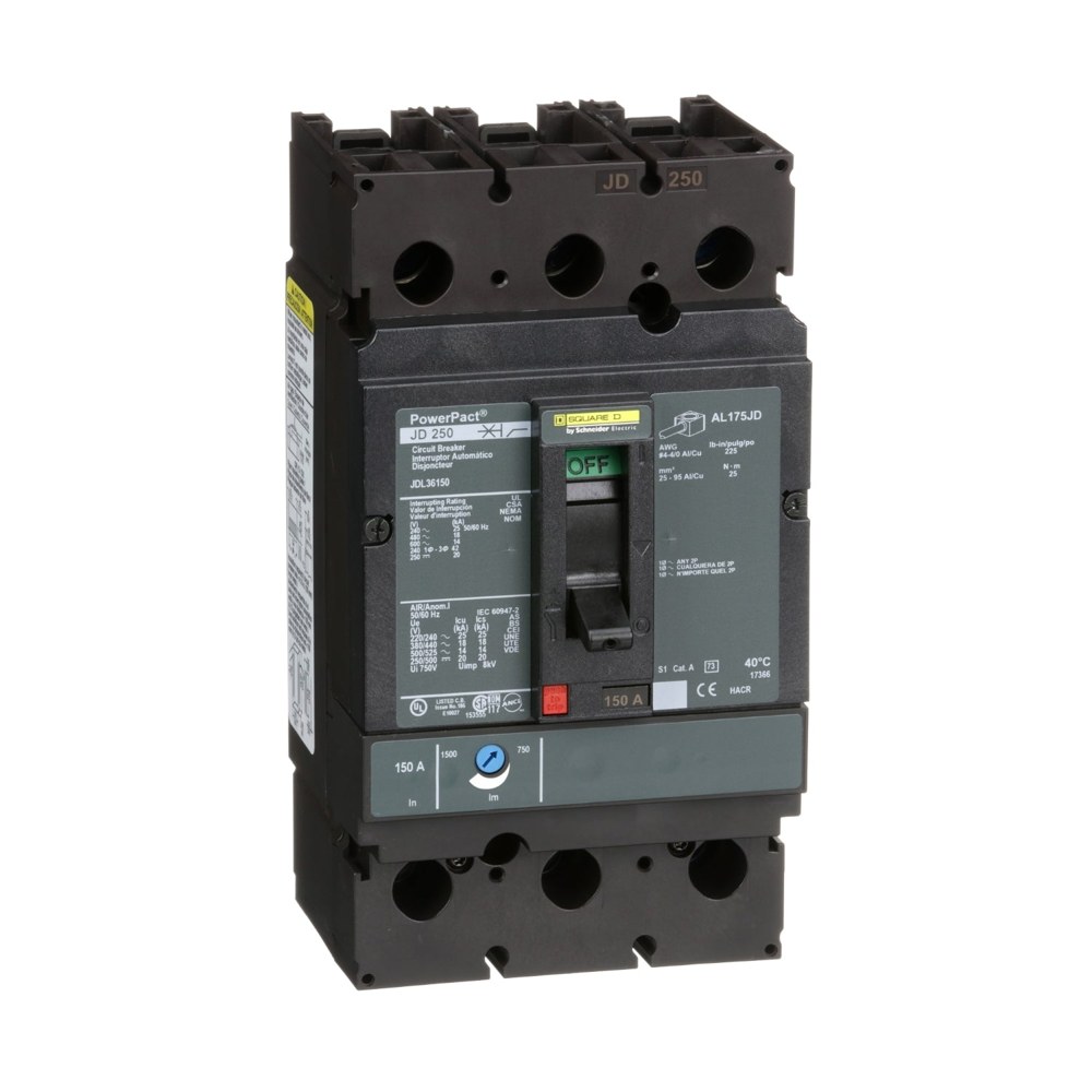 JDL36150, Square D, 150A, 3 pole, 14kA, 600VAC, Circuit Breaker Schneider