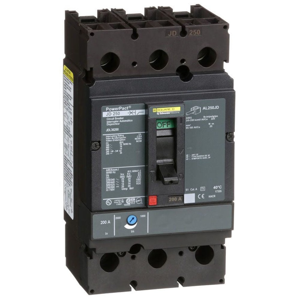 JDL36200, Square D, 200A, 3 pole, 14kA, 600VAC, Circuit Breaker Schneider