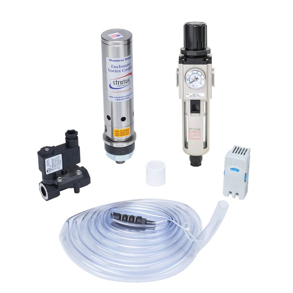 TVK25-018-4X-120A, Vortex cooler kit, 1800 BTUH, 25 SCFM, NEMA 4,4X,12
Includes: Stratus TV25-018-4X, NITRA AFR2-3233, AFE2-31, DVD-2BC2A-120A, Stego 011169-00